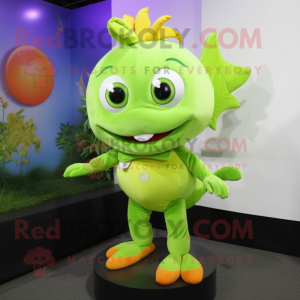 Lime Green Goldfish mascot costume character dressed with a Jeggings and Hair clips