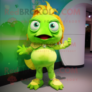 Lime Green Goldfish mascot costume character dressed with a Jeggings and Hair clips