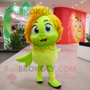 Lime Green Goldfish mascot costume character dressed with a Jeggings and Hair clips