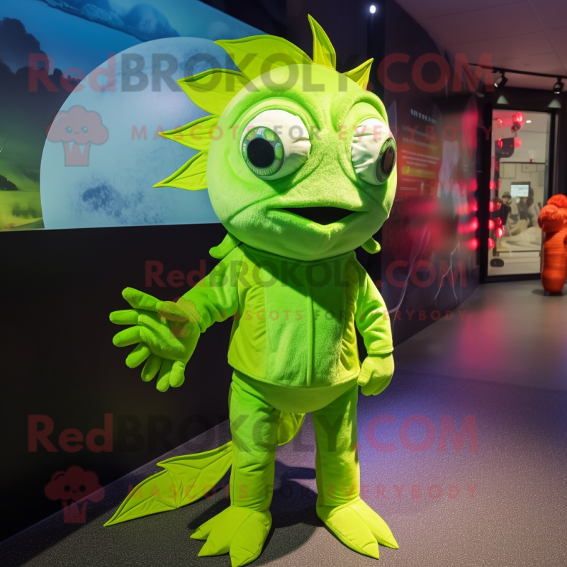 Lime Green Goldfish mascot costume character dressed with a Jeggings and Hair clips Lime Green Goldfish mascot costume character dressed with a Jeggings and Hair clips