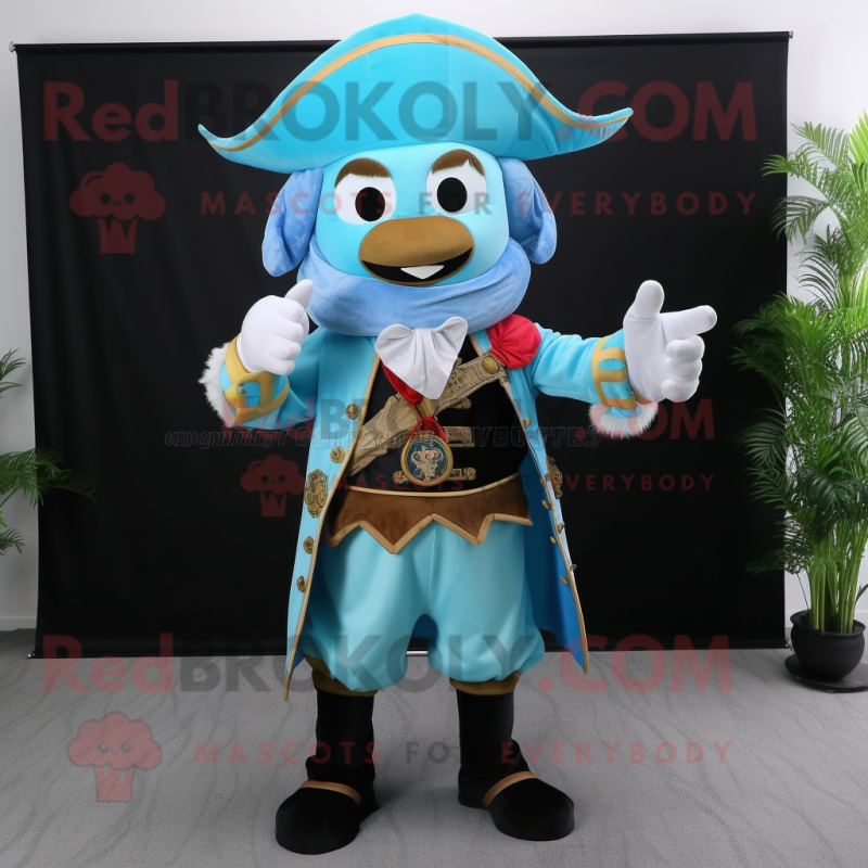 Sky Blue Pirate mascot costume character dressed with a Evening Gown and Shoe clips