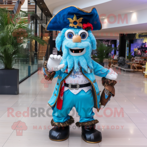 Sky Blue Pirate mascot costume character dressed with a Evening Gown and Shoe clips