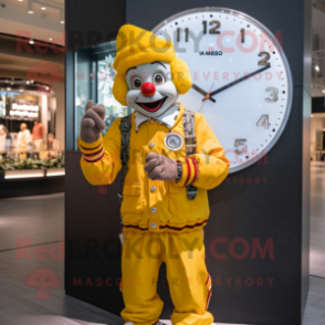 Yellow Clown mascot costume character dressed with a Bomber Jacket and Bracelet watches