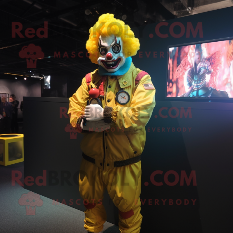 Yellow Clown mascot costume character dressed with a Bomber Jacket and Bracelet watches