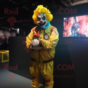 Yellow Clown mascot costume character dressed with a Bomber Jacket and Bracelet watches