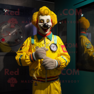 Yellow Clown mascot costume character dressed with a Bomber Jacket and Bracelet watches