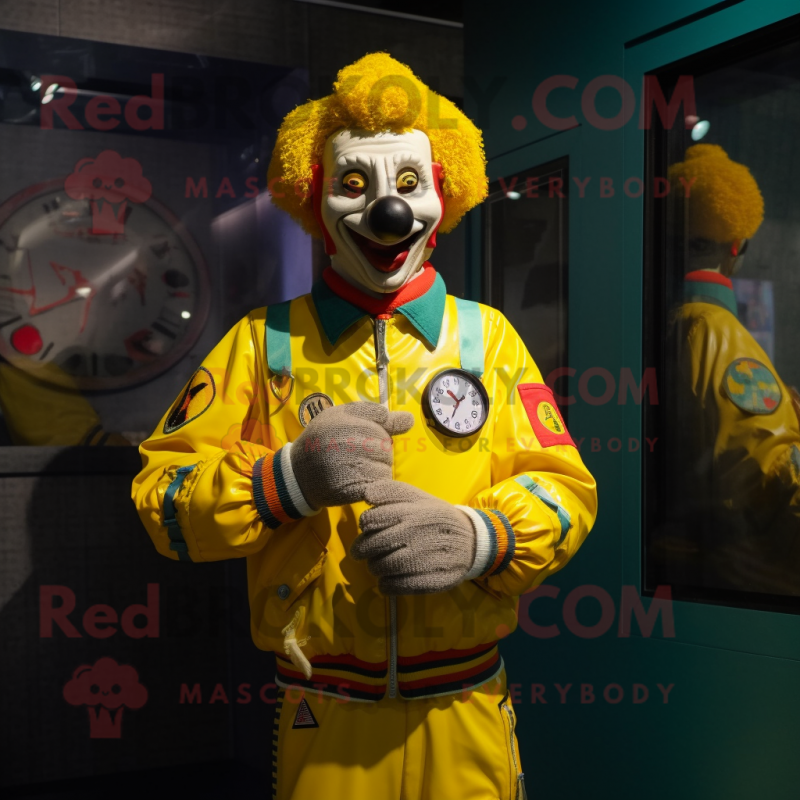 Yellow Clown mascot costume character dressed with a Bomber Jacket and Bracelet watches