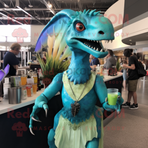 Turquoise Utahraptor mascot costume character dressed with a Cocktail Dress and Backpacks