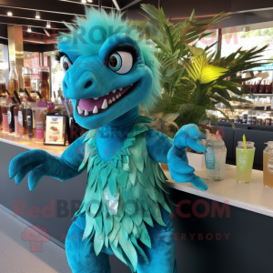 Turquoise Utahraptor mascot costume character dressed with a Cocktail Dress and Backpacks