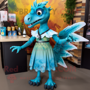 Turquoise Utahraptor mascot costume character dressed with a Cocktail Dress and Backpacks