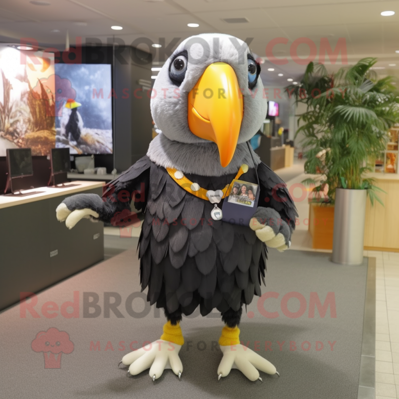 Gray Toucan mascot costume character dressed with a Mini Skirt and Hair clips Gray Toucan mascot costume character dressed with a Mini Skirt and Hair clips