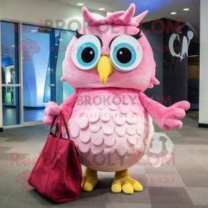 Pink Owl mascot costume character dressed with a Evening Gown and Tote bags