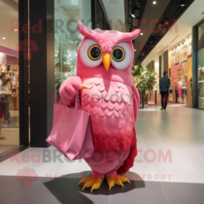 Pink Owl mascot costume character dressed with a Evening Gown and Tote bags