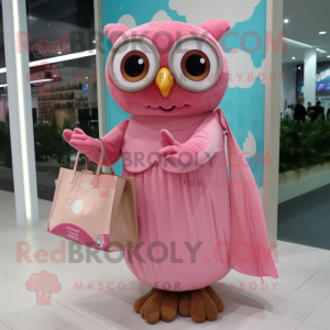 Pink Owl mascot costume character dressed with a Evening Gown and Tote bags