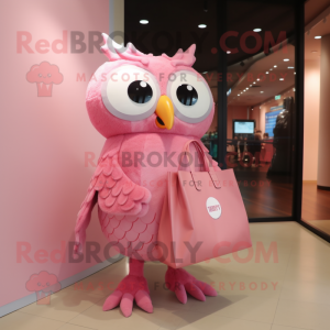 Pink Owl mascot costume character dressed with a Evening Gown and Tote bags