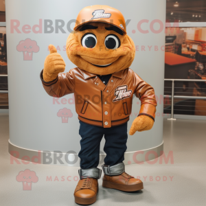 Rust Baseball Glove mascot costume character dressed with a Leather Jacket and Shoe clips