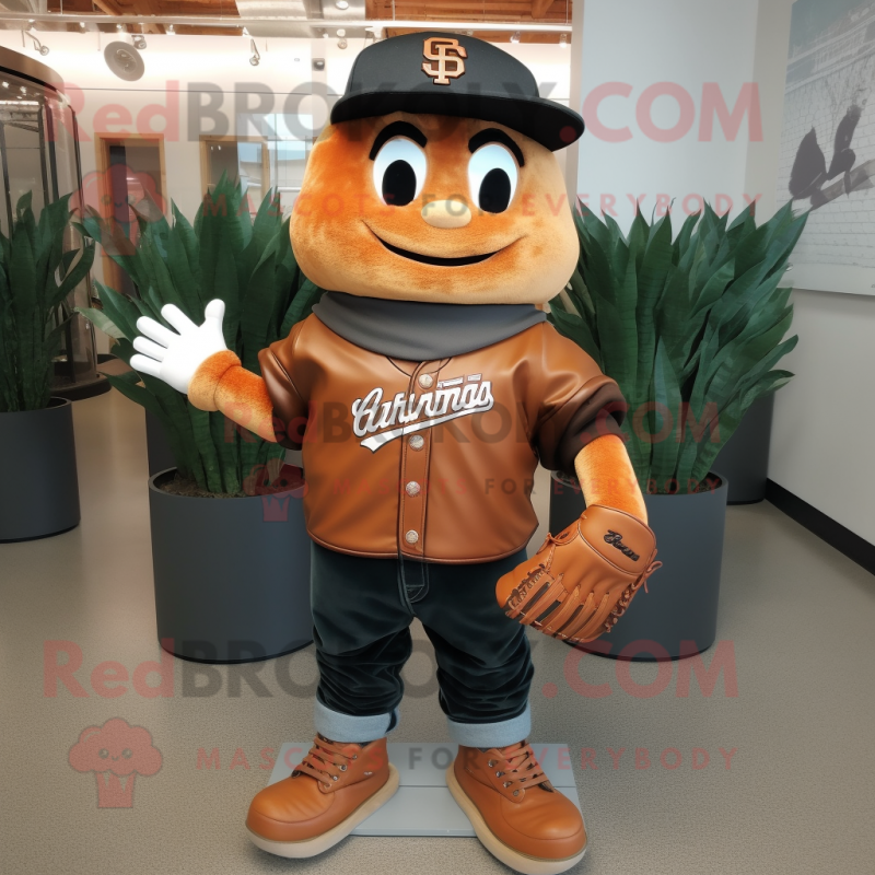 Rust Baseball Glove mascot costume character dressed with a Leather Jacket and Shoe clips