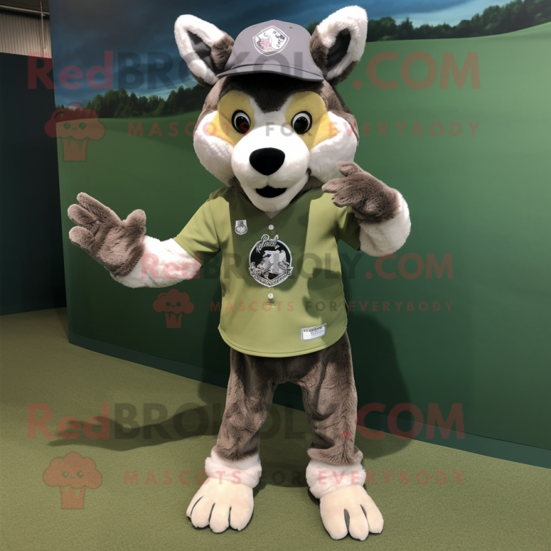 Olive Wolf mascot costume character dressed with a Baseball Tee and Hair clips