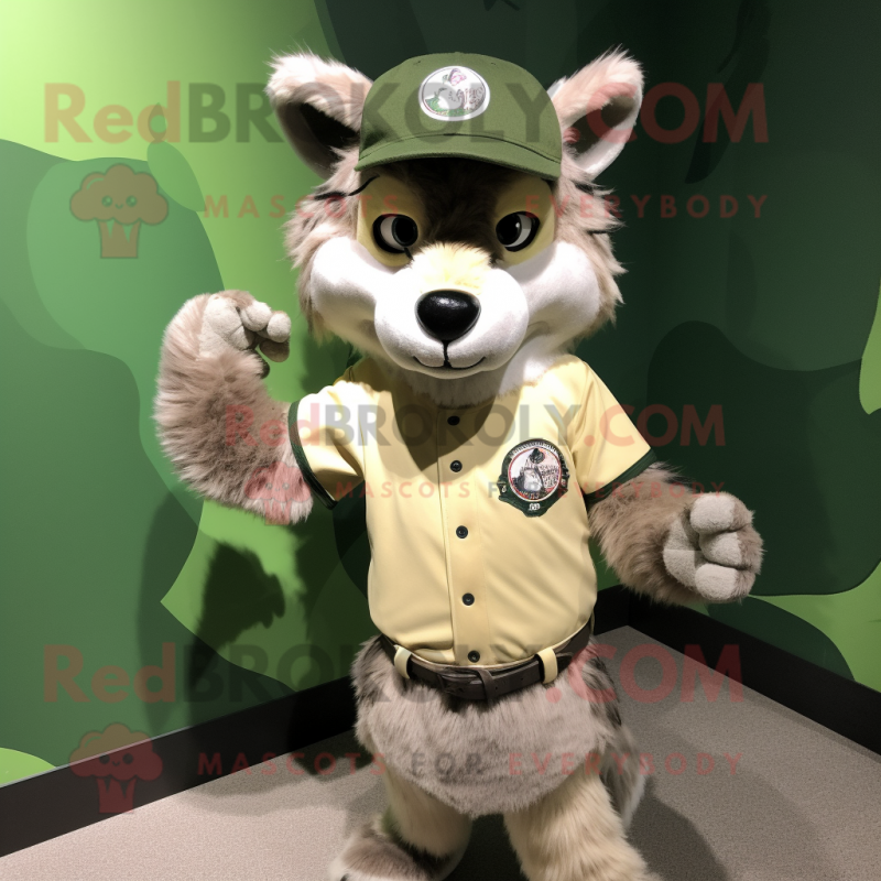 Olive Wolf mascot costume character dressed with a Baseball Tee and Hair clips