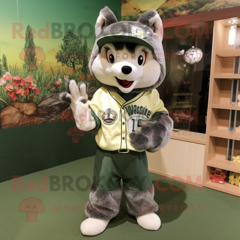 Olive Wolf mascot costume character dressed with a Baseball Tee and Hair clips