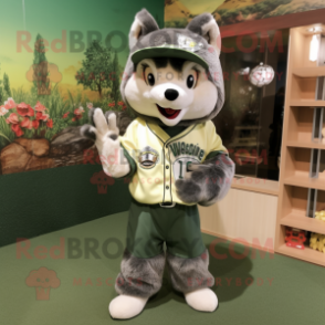 Olive Wolf mascot costume character dressed with a Baseball Tee and Hair clips