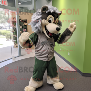 Olive Wolf mascot costume character dressed with a Baseball Tee and Hair clips