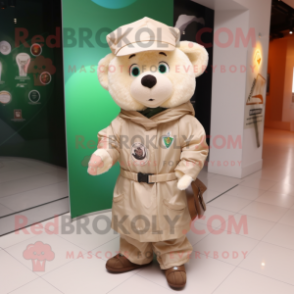 Beige Irish Flag mascot costume character dressed with a Raincoat and Lapel pins