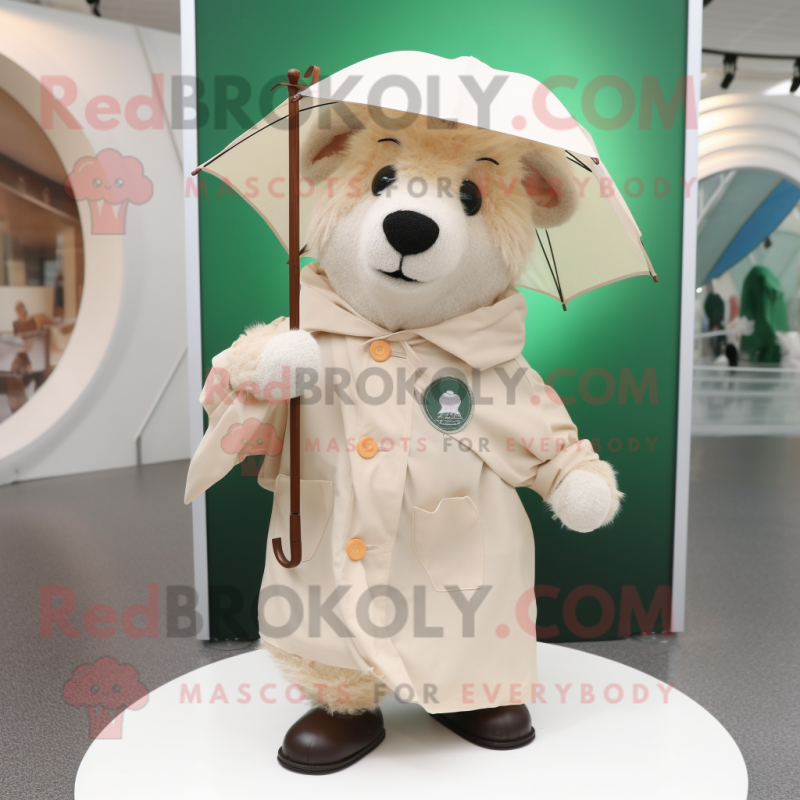 Beige Irish Flag mascot costume character dressed with a Raincoat and Lapel pins