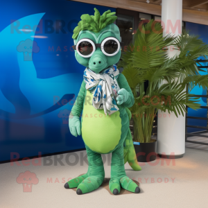 Olive Seahorse mascot costume character dressed with a Cover-up and Sunglasses