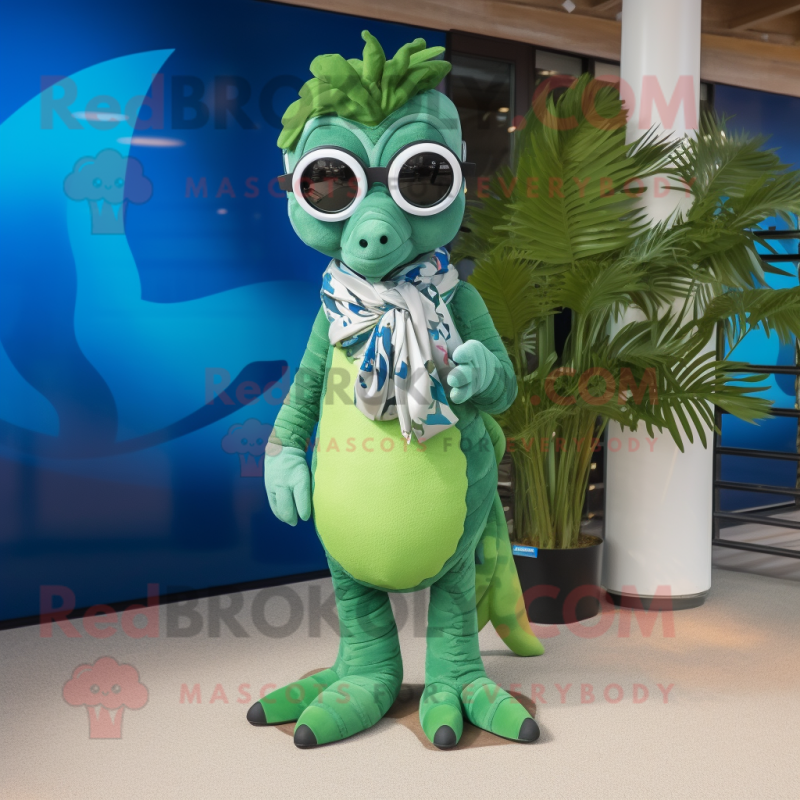 Olive Seahorse mascot costume character dressed with a Cover-up and Sunglasses Olive Seahorse mascot costume character dressed with a Cover-up and Sunglasses