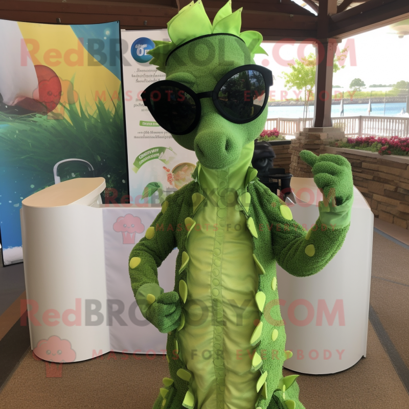 Olive Seahorse mascot costume character dressed with a Cover-up and Sunglasses