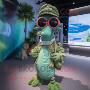 Olive Seahorse mascot costume character dressed with a Cover-up and Sunglasses
