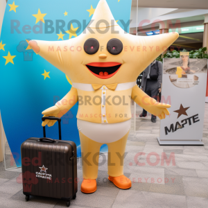 Cream Starfish mascot costume character dressed with a One-Piece Swimsuit and Briefcases