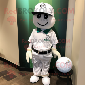 White Golf Ball mascot costume character dressed with a Graphic Tee and Suspenders