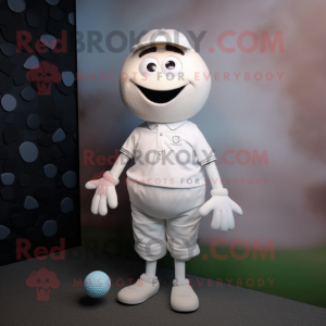 White Golf Ball mascot costume character dressed with a Graphic Tee and Suspenders