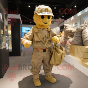 Gold Army Soldier mascot costume character dressed with a Cargo Shorts and Tote bags