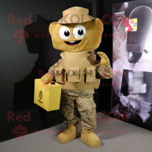 Gold Army Soldier mascot costume character dressed with a Cargo Shorts and Tote bags