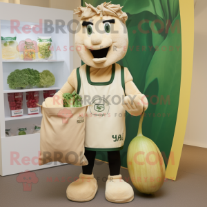 Beige Caesar Salad mascot costume character dressed with a Rugby Shirt and Tote bags