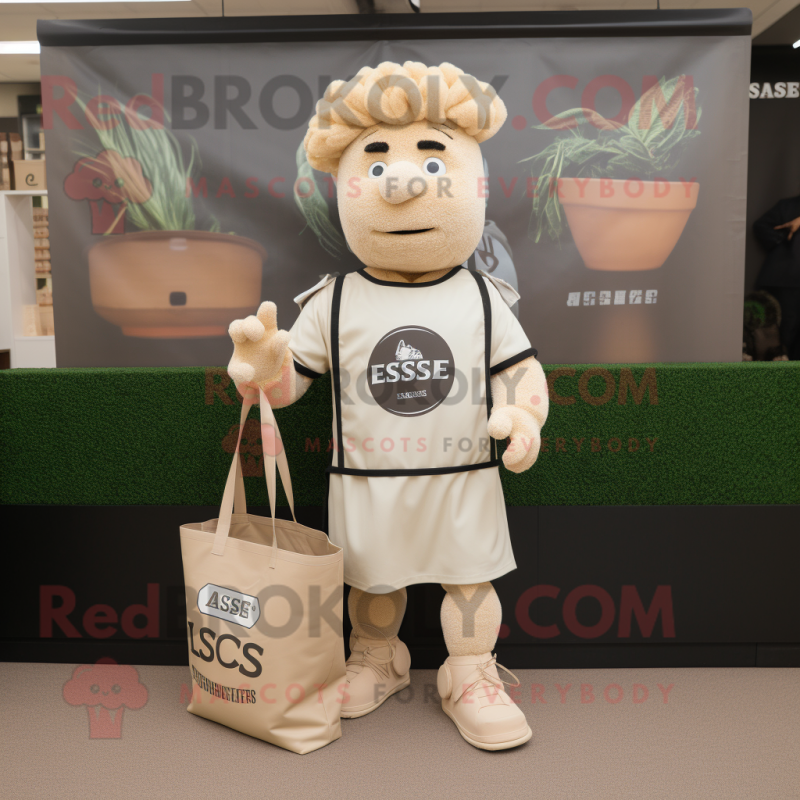 Beige Caesar Salad mascot costume character dressed with a Rugby Shirt and Tote bags Beige Caesar Salad mascot costume character dressed with a Rugby Shirt and Tote bags