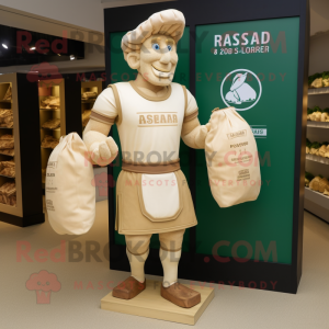 Beige Caesar Salad mascot costume character dressed with a Rugby Shirt and Tote bags
