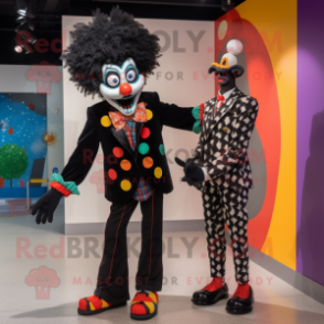 Black Clown mascot costume character dressed with a Jacket and Brooches