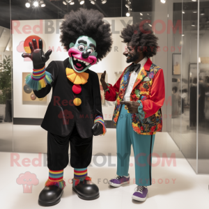 Black Clown mascot costume character dressed with a Jacket and Brooches