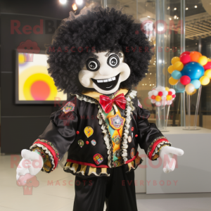 Black Clown mascot costume character dressed with a Jacket and Brooches