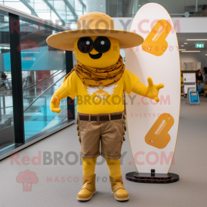 Gold Cowboy mascot costume character dressed with a Board Shorts and Berets