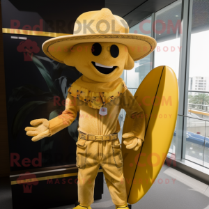 Gold Cowboy mascot costume character dressed with a Board Shorts and Berets