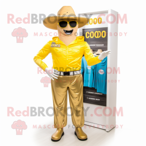Gold Cowboy mascot costume character dressed with a Board Shorts and Berets