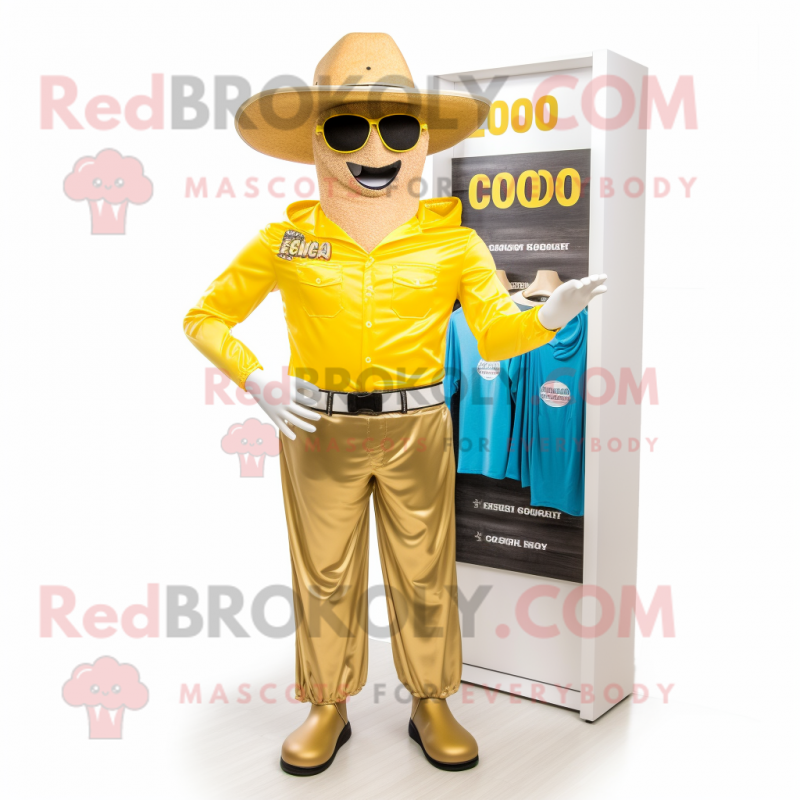 Gold Cowboy mascot costume character dressed with a Board Shorts and Berets Gold Cowboy mascot costume character dressed with a Board Shorts and Berets