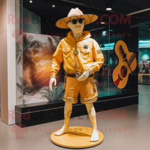 Gold Cowboy mascot costume character dressed with a Board Shorts and Berets
