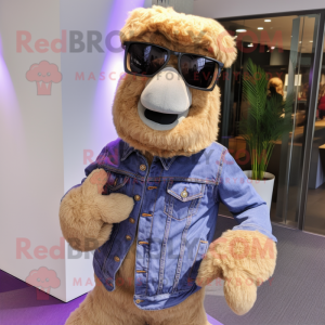 Lavender Camel mascot costume character dressed with a Denim Shirt and Sunglasses
