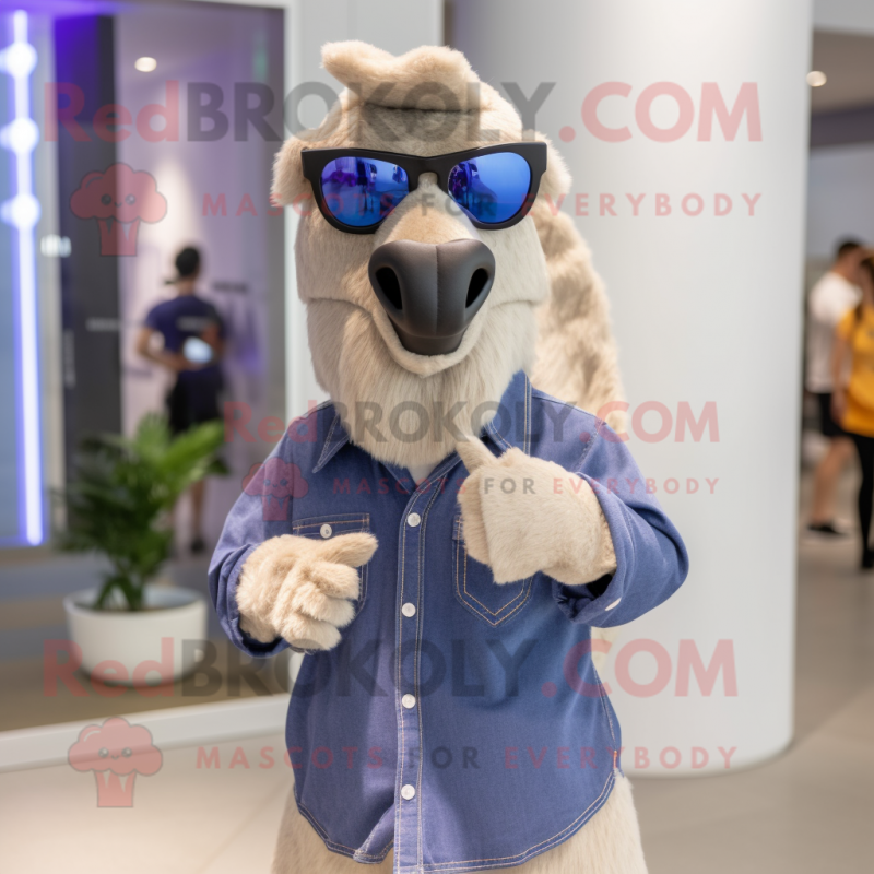 Lavender Camel mascot costume character dressed with a Denim Shirt and Sunglasses Lavender Camel mascot costume character dressed with a Denim Shirt and Sunglasses